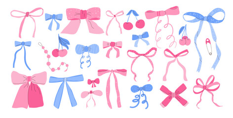 Various bows set. Ribbon band kit. Hairstyle and gift decor. Vector hand drawn bowknot collection illustration isolated on white background.