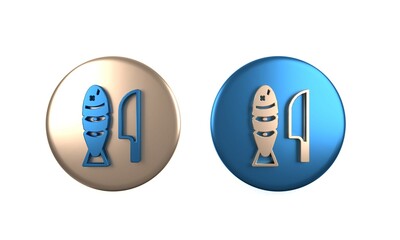 Colorful Fish with sliced pieces with knife icon isolated on white background. Circle button. 3D render illustration