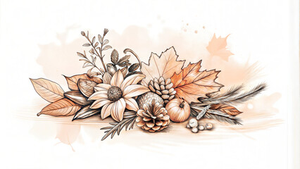 Autumn floral arrangement with flowers, leaves, and pinecones on a soft background for decoration