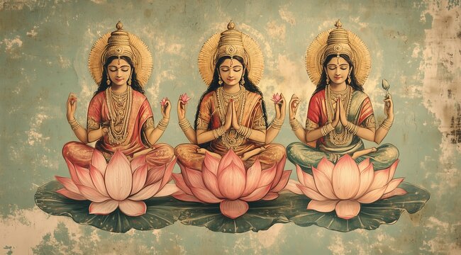 Divine trio hindu goddesses lakshmi saraswati parvati lotus thrones feminine beauty grace mythology oil painting classical art ancient India flowers