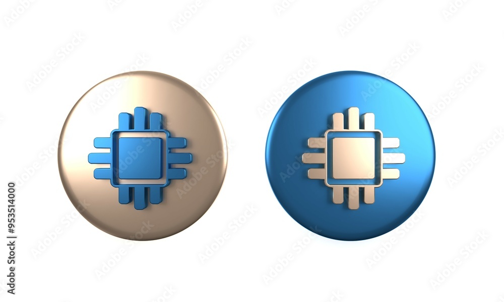 Poster Colorful Computer processor with microcircuits CPU icon isolated on white background. Chip or cpu with circuit board. Micro processor. Circle button. 3D render illustration