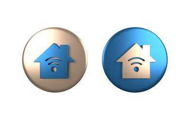 Colorful Smart home with wi-fi icon isolated on white background. Remote control. Circle button. 3D render illustration
