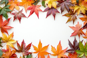 Fototapeta premium Autumn Maple Leaves Flat Lay White Background created with Generative AI