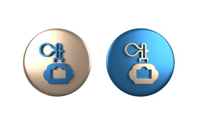 Colorful Aftershave bottle with atomizer icon isolated on white background. Cologne spray icon. Male perfume bottle. Circle button. 3D render illustration