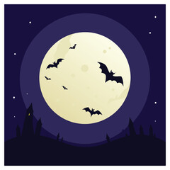 Minimalist Halloween night with haunted house and bats under a full moon in an eerie landscape