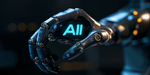 A robotic hand holding an AI sign.