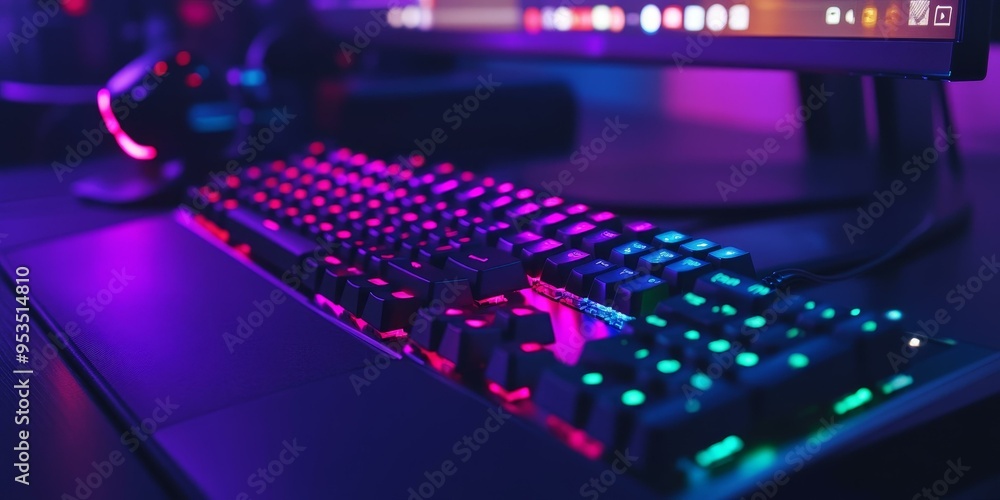 Poster rgb backlit keyboard in a gaming setup.
