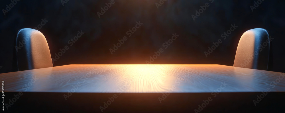 Poster a minimalist table setup with illuminated chairs, creating a dramatic atmosphere for meetings or int