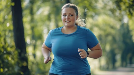 Overweight woman jogging in city street park, Weight loss, Health care and diet concept.
