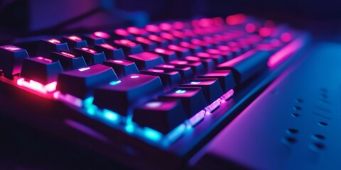 Fototapeta premium RGB keyboard with vibrant pink and blue lighting.