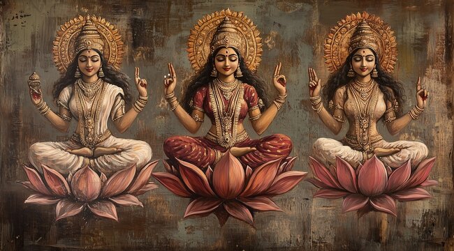 Lakshmi Saraswati And Parvati Banner Background Depicting Three Hindu Goddesses On Lotus Thrones Symbolizing Wealth Wisdom Power And Spiritual Balance