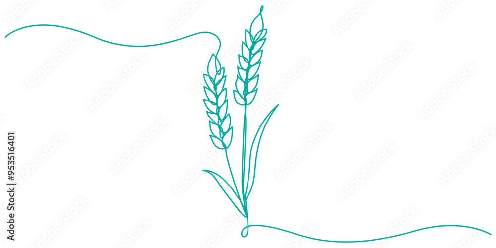 Poster ears of wheat one line drawing on white isolated background, monochrome illustration of a wheat ear 