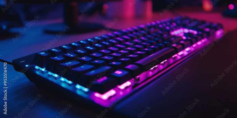 Poster black keyboard with colorful backlit keys.