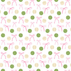 Tennis ball and bow seamless pattern. Preppy serve repeat background. Coquette sport. Vector continuous surface design.