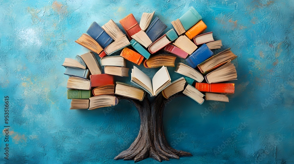 Poster tree of knowledge book tree with open book on blue background