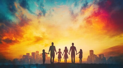 Fototapeta premium Family silhouetted against a vibrant sunset, holding hands with a cityscape in the background, symbolizing unity and connection.
