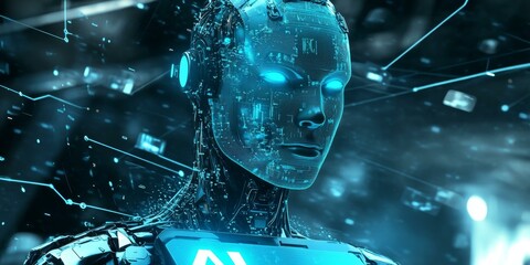 Naklejka premium A futuristic robot with glowing blue circuits.