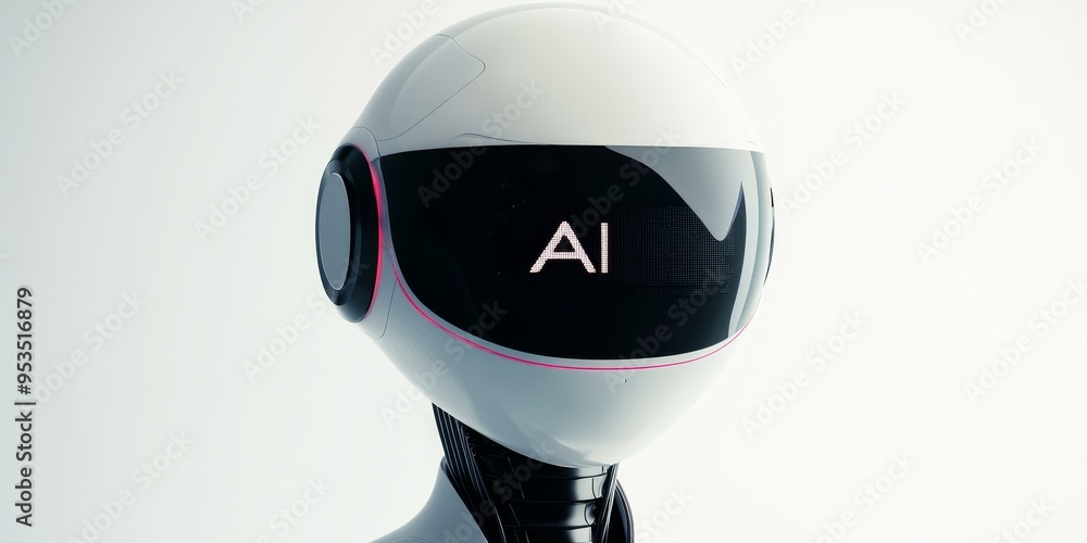 Poster a white robot head with ai displayed.