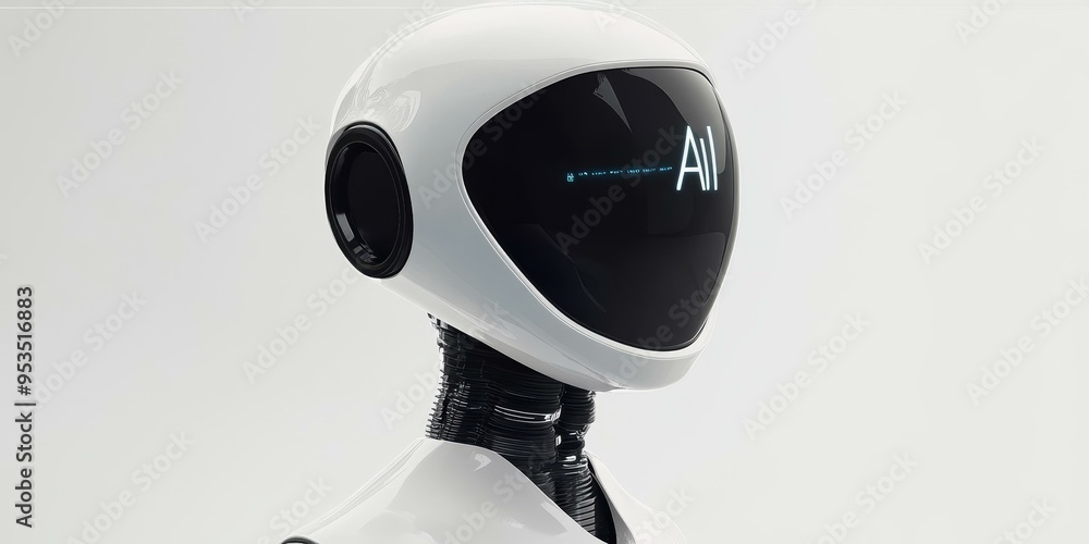 Poster white robot head with ai display.