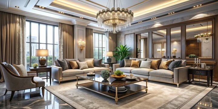 Luxurious living room with modern furniture and elegant interior design, luxury, home, living room, render