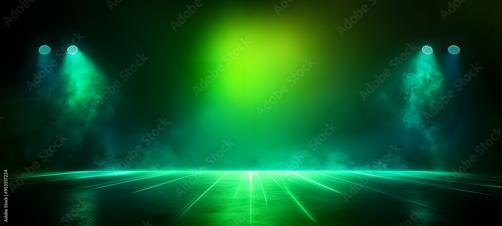 Poster fantasy green surreal backdrop background of empty room with spotlights and lights, abstract green b