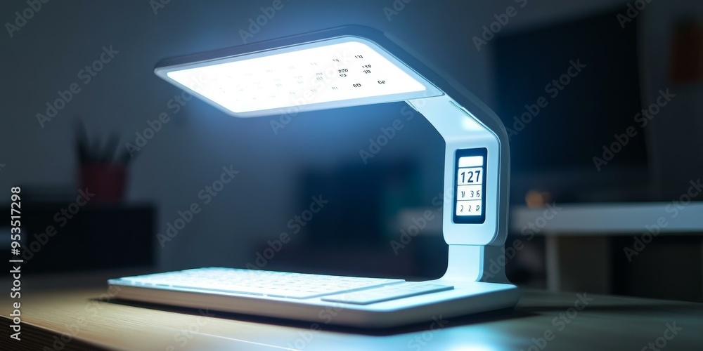 Poster white desk lamp with a keyboard and a digital clock.