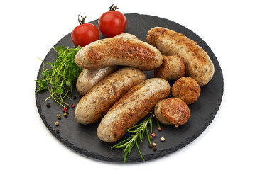 Grilled Munich Veal Sausages, isolated on white background.