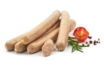 Grilled German White Thin sausages, isolated on a white background. Close-up.
