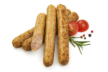 Grilled German White Thin sausages, isolated on a white background. Close-up.