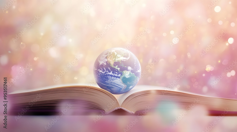 Poster earth globe on open book with soft bokeh background