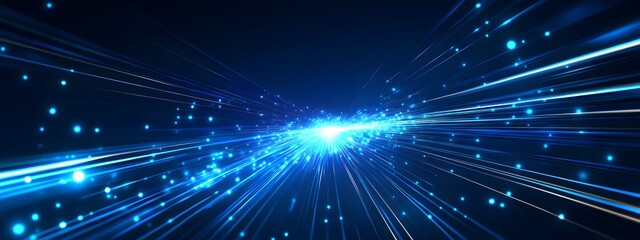 Naklejka premium Blue light speed background with glowing lines, blue abstract technology banner design for digital video and film production, motion graphics or futuristic website template