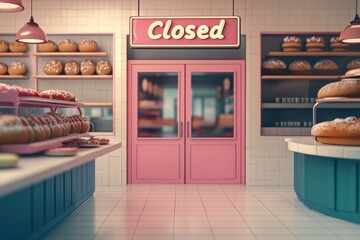 A closed sign hangs on a window of a bakery