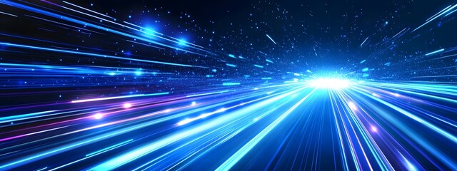 Obraz premium Blue light speed background with glowing lines, blue abstract technology banner design for digital video and film production, motion graphics or futuristic website template