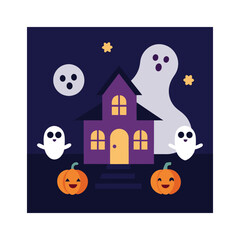 Cartoon haunted house with purple mansion and jack-o'-lanterns in a festive Halloween scene