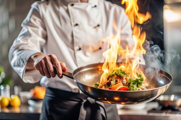 Chef cooking a flaming dish in a restaurant kitchen. A chef wearing a white uniform and black apron holds a pan with a flaming dish over a stove in a commercial kitchen. 