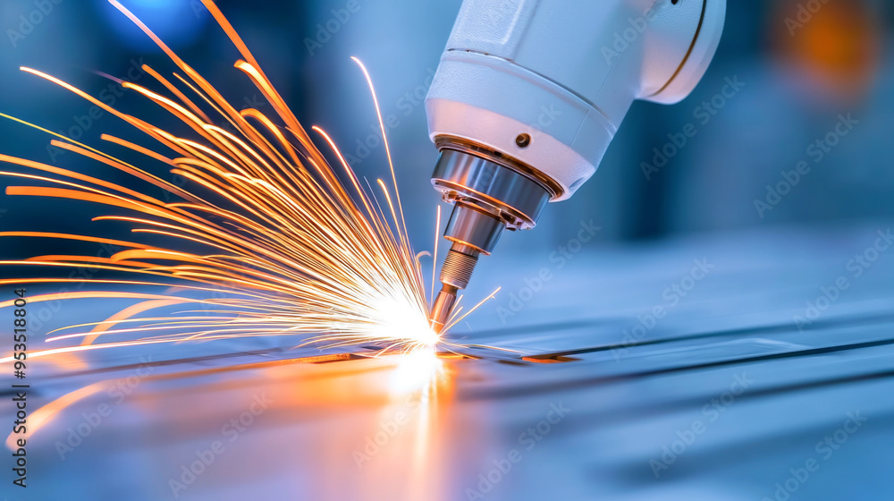 Poster a robotic arm performs precision welding, creating bright sparks in an industrial setting with a foc