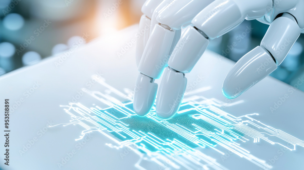 Poster a robotic hand interacting with a digital interface, symbolizing the future of technology and human-