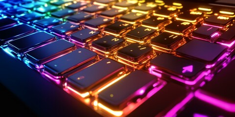 Obraz premium A neon-lit keyboard with glowing keys.
