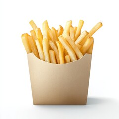 A box of french fries sits on a white background