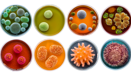 Collection of dengue virus, E-Coli, COVID, Plasmodium, Tuberclosis microbes isolated on transparent background.