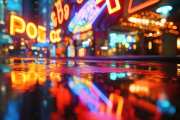 A city street with neon lights reflecting on the water
