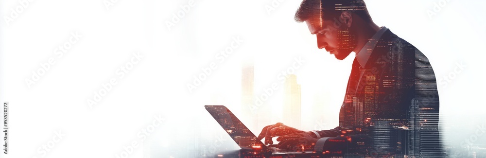 Poster a dedicated business professional is actively engaged in working on a laptop, efficiently managing t