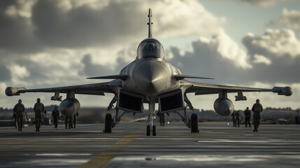 A close-up shot of a Eurofighter Typhoon jet fighter preparing for takeoff on a military runway, with ground crew visible in the background