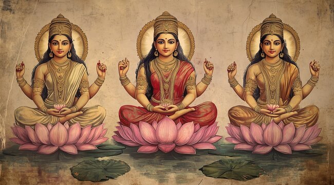 Spiritual representation hindu goddess trinity lakshmi saraswati parvati figures goddesses oil painting classical art ancient India business meeting