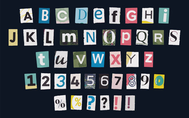 Collection of magazine cutout alphabet font with ripped and torn edges. Cut letters and numbers from newspaper in trendy pop art style.