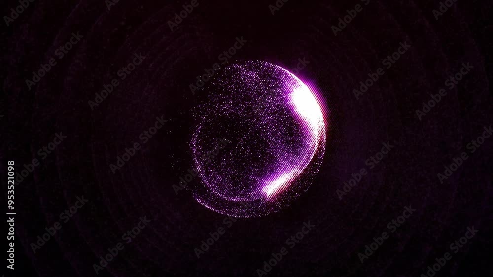 Poster abstract glowing purple sphere of energy particles on dark background. magic shiny orb of dynamic pl