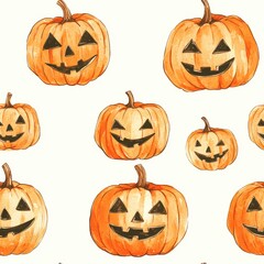 A patterned illustration of jack-o'-lanterns with various facial expressions showcases a playful Halloween theme, perfect for seasonal decorations, party invites or festive backgrounds,