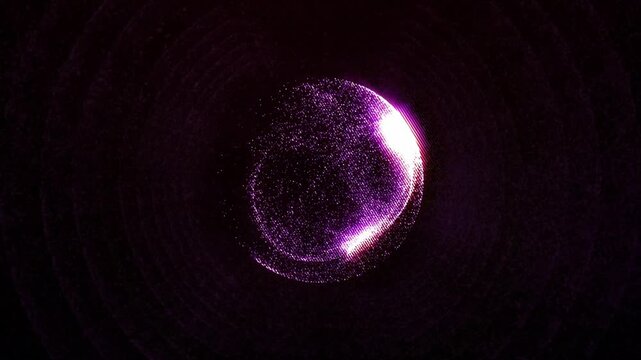 Abstract glowing purple sphere of energy particles on dark background. Magic shiny orb of dynamic plasma flows in space. Digital futuristic flowing VJ ball concept video.