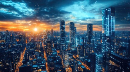 Fototapeta premium Futuristic metropolis with shimmering digital lights, innovative architectural designs, and a seamless blend of technology and city life