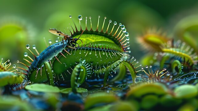 A Venus flytrap in action, capturing an insect in its spiky, jaw-like leaves. The carnivorous plant&rsquo;s vivid green color contrasts with the dark, glossy surface of the trapped insect, highlighting 